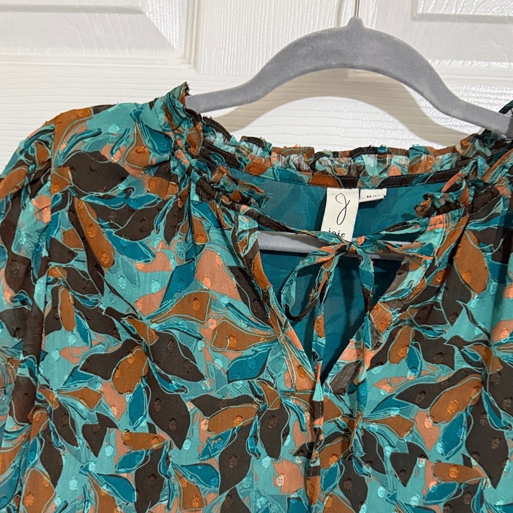 Nordstrom Teal, Black and Brown Leaf-Print Long-Sleeve Blouse Size M
